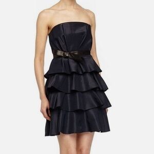 Rebecca Taylor Black leather strap Strapless Ruffle Dress